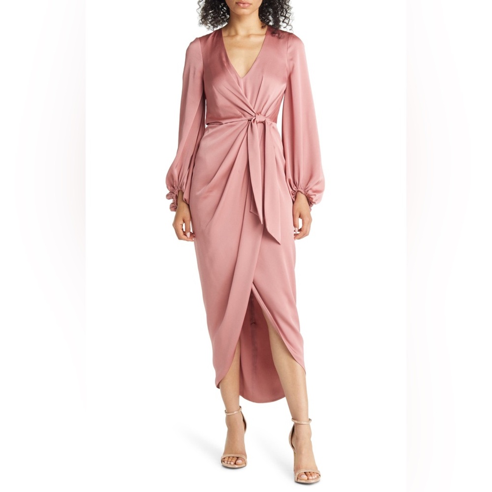 NWOT Shona Joy Tie Front Ballon Sleeve Satin Dress in Rose